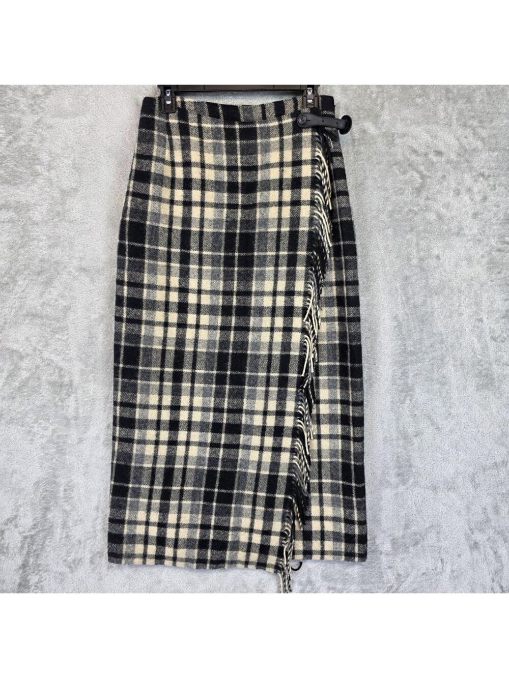 Eddie Bauer Blanket Skirt Womens 4 Black Plaid Wool Wrap Midi Tweed Fringe VTG